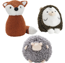 Trei jucării de pluș: vulpe, arici și oaie