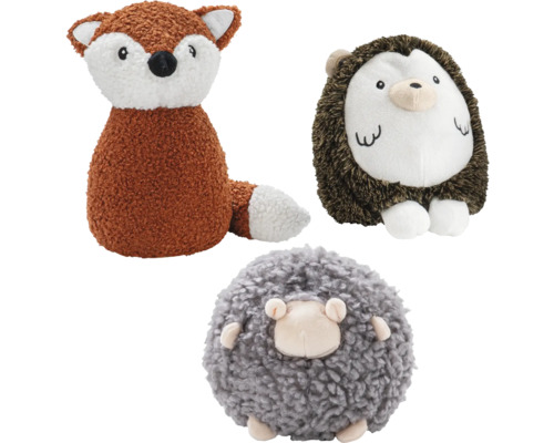 Trei jucării de pluș: vulpe, arici și oaie