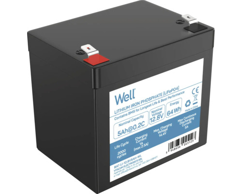 Acumulator LiFePO4 Well 12,8V 5Ah 64Wh BMS F2 Baterie litiu-fier-fosfat 12,8 V