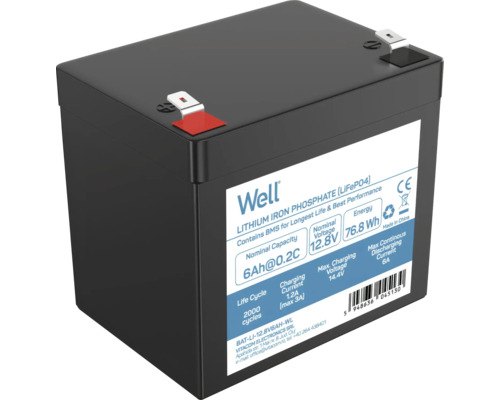 Acumulator LiFePO4 Well 12,8V 6Ah 76,8Wh BMS F2 Baterie litiu-fier-fosfat cu tensiune nominală de 12,8 V