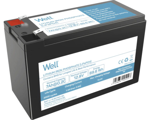 Acumulator LiFePO4 Well 12,8V 7Ah 89,6Wh BMS F2 Baterie litiu-fier-fosfat cu 7 amperi-oră și 12,8 volți