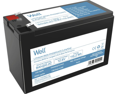 Acumulator LiFePO4 Well 12,8V 9Ah 115,2Wh BMS F2 Baterie Well cu litiu fier fosfat cu 9 amperi oră și 12,8 volți