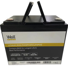 Baterie litiu-fier-fosfat cu 65 amperi-oră la capacitate nominală 0,5C, tensiune nominală 12,8 volți și energie de 832 wați-oră