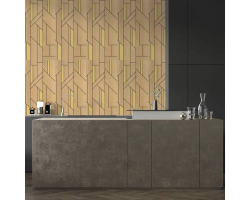 Bucătărie modernă cu chiuvetă, robinet și placare decorativă pe perete