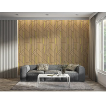 Living cu canapea, masă și panouri de perete cu aspect de lemn