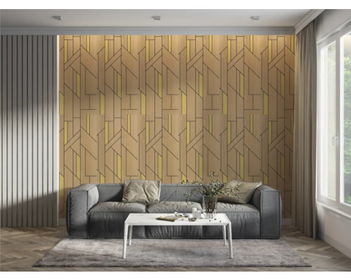 Living cu canapea, masă și panouri de perete cu aspect de lemn