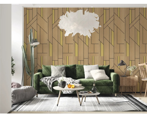 Living cu canapea verde, măsuță de cafea și tapet geometric