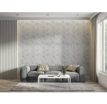 Living cu canapea gri, masă albă și tapet cu model