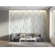 Living cu canapea gri, măsuță de cafea albă și panouri de perete