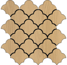 Placă de mozaic cu structură de lemn și contururi filigranate