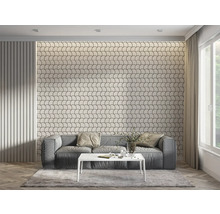 Living cu canapea, masă și decor de perete cu model semicircular