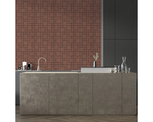 Bucătărie modernă cu blat, chiuvetă și faianță de perete cu model pătrat