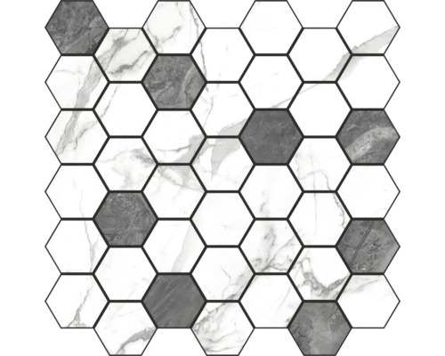 Plăci de mozaic cu elemente hexagonale în design de marmură