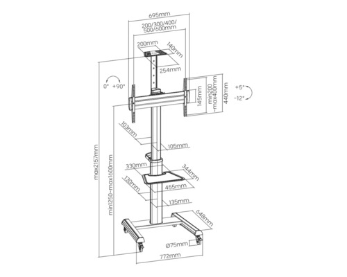 Desen tehnic al unui suport TV mobil cu dimensiuni