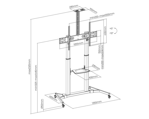 Desen tehnic al unui suport TV mobil cu dimensiuni