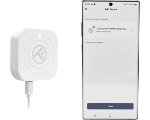 Senzor de prezență inteligent WiFi Tellur lângă un smartphone cu mesajul dispozitiv adăugat cu succes