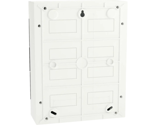 Spatele unei cutii de distribuție pentru instalații electrice cu găuri de montare