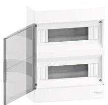 Distribuitor de instalație cu ușă transparentă și logo-ul Schneider Electric.