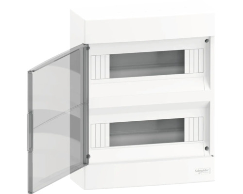 Distribuitor de instalație cu ușă transparentă și logo-ul Schneider Electric.