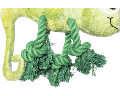 Imagine detaliată a unui cameleon verde de pluș cu jucărie de sfoară