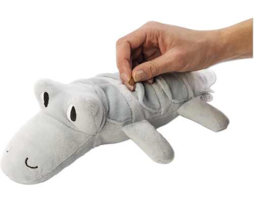 Jucărie de pluș crocodil gri umplută cu o gustare