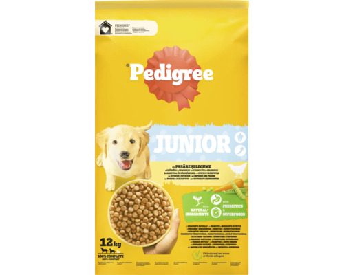 Ambalaj Pedigree Junior hrană uscată pentru câini cu păsări și legume, 12 kilograme