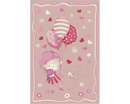 Covor copii Atlas R fetiță cu baloane 60x90 cm Covor cu motiv fată, ursuleț de pluș și baloane inimă