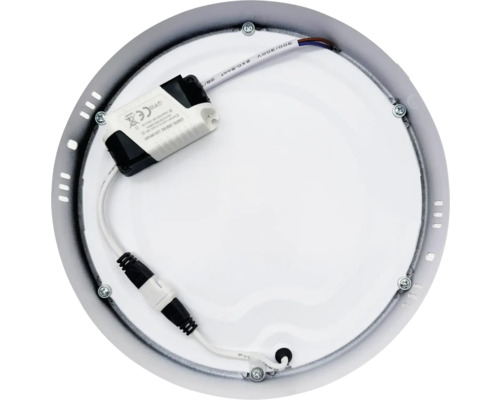 Vedere interioară a unei lămpi rotunde de plafon cu LED cu cablaj și driver