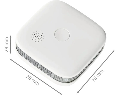 Detector de fum alb cu dimensiunile 76 mm x 76 mm x 29 mm