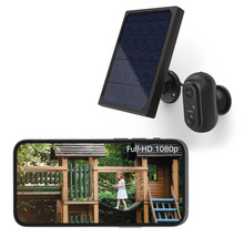 Cameră de securitate cu panou solar și vizualizare pe smartphone a unui loc de joacă