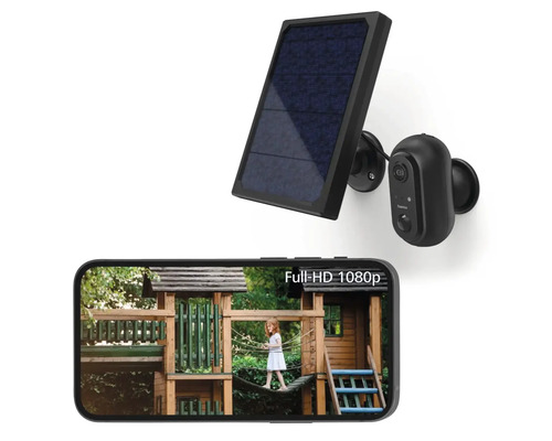 Cameră de securitate cu panou solar și vizualizare pe smartphone a unui loc de joacă