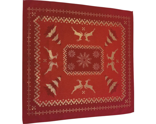 Față de masă roșie cu motive aurii de Crăciun, cum ar fi căprioare, fulgi de zăpadă și brazi