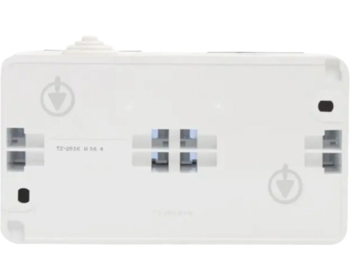 Vedere din spate a unui termostat de cameră alb cu puncte de montare