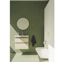 Baie luminoasă cu lavoar, oglindă, vas WC suspendat și faianță verde