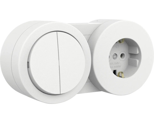 Comutator & priză Ovivo xOne IP54 alb, montaj aplicat Combinație întrerupător și priză