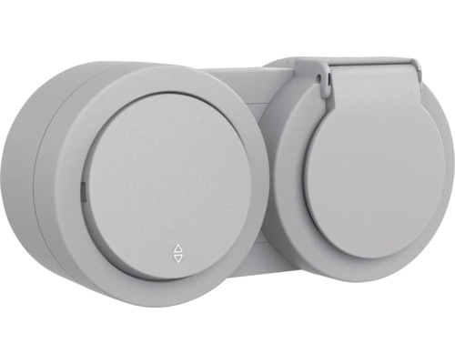 Întrerupător cap scară & priză cu împământare Ovivo xOne, capac de protecție IP54 gri, montaj aplicat Întrerupător și priză pentru exterior