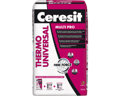 Adeziv și masă de șpaclu Ceresit Thermo Universal pentru polistiren și vată minerală 25 kg roșiatic Sac Ceresit Thermo Universal Multi Pro pentru termoizolații cu vată minerală, polistiren expandat și polistiren extrudat