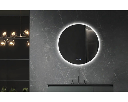 Oglindă baie cu LED Belform Atlantis Ø60 cm IP44 Baie cu oglindă rotundă cu iluminare, lavoar și rafturi.