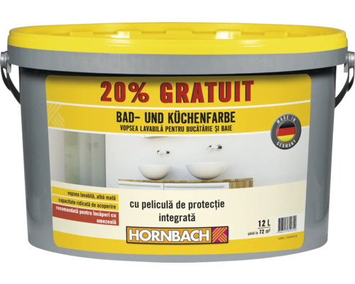 Recipient cu vopsea pentru baie și bucătărie cu logo-ul Hornbach