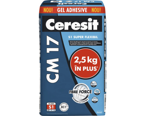 Adeziv super flexibil Ceresit CM17 pentru gresie și faianță interior și exterior 25+2,5 kg gri Adeziv pentru plăci ceramice Ceresit CM 17 în sac de 2,5 kilograme