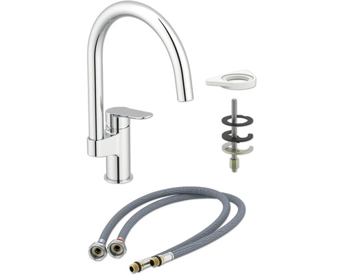 Baterie de bucătărie cu material de instalare și furtunuri flexibile