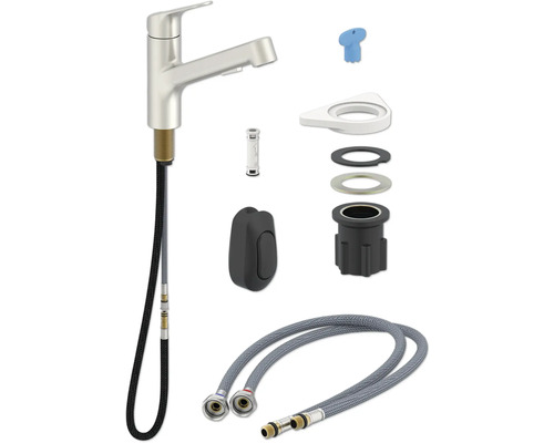 Baterie de bucătărie cu accesorii de montaj și furtunuri flexibile de conectare