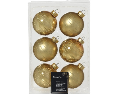 Șase globuri de Crăciun din sticlă cu decor într-o cutie