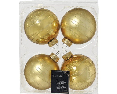 Set globuri Crăciun sticlă Ø 8 cm auriu 4 buc. Set de patru globuri aurii de Crăciun cu dungi sclipitoare