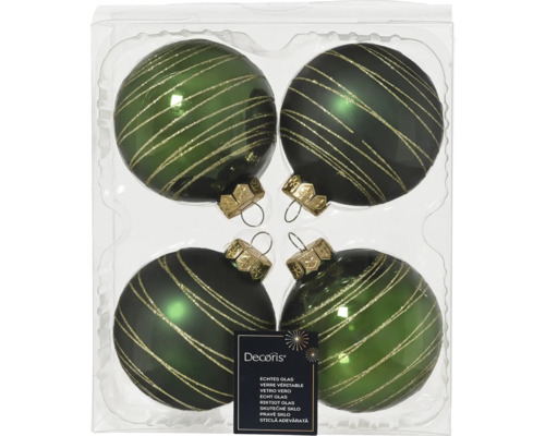 Set globuri Crăciun sticlă Ø 8 cm verde 4 buc. Set de patru globuri verzi de Crăciun din sticlă cu dungi aurii