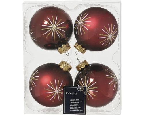 Patru globuri de Crăciun din sticlă cu model de stea în ambalaj