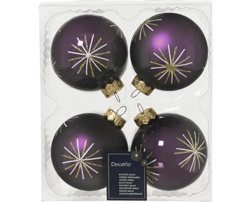 Set globuri Crăciun sticlă Ø 8 cm purpuriu 4 buc. Patru globuri de Crăciun din sticlă decorate în cutie