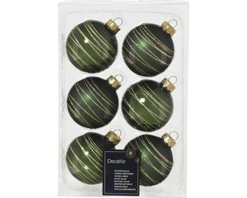 Set globuri Crăciun sticlă Ø 6 cm verde 6 buc. Șase globuri verzi de Crăciun din sticlă cu dungi aurii