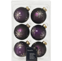 Pachet de șase globuri de Crăciun din sticlă violetă cu model de stea