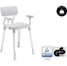 Scaun de duș cu spătar și brațe, reglabil pe înălțime, capacitate maximă 110 kilograme, certificat TÜV Rheinland, sigiliu de siguranță testată